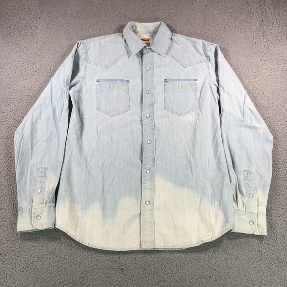 Levis Shirt Adult Medium Blue Denim Pearl Snap Western Rodeo Cowboy Heavy Cotton - Picture 2 of 13